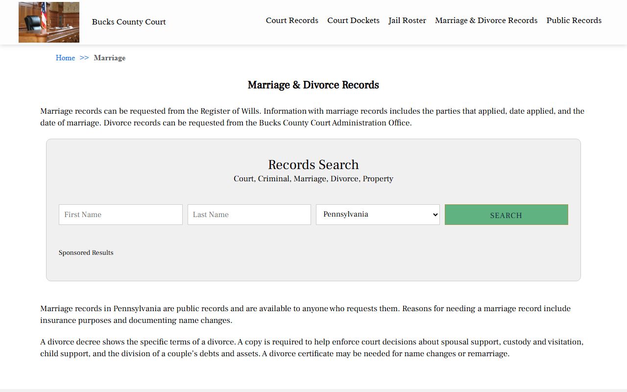 Bucks County marriage and divorce records page for Bensalem divorce decree requests