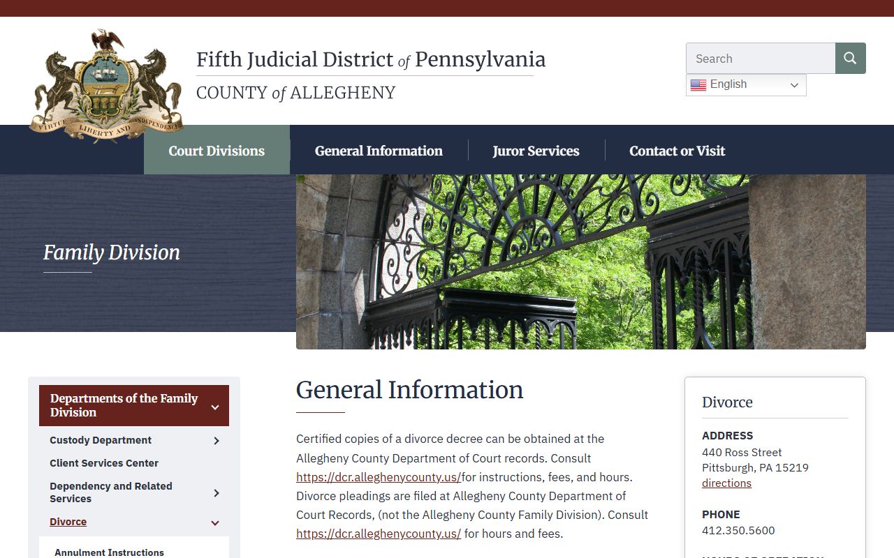 Allegheny County Department of Court Records Family Division for Pittsburgh divorce decree records