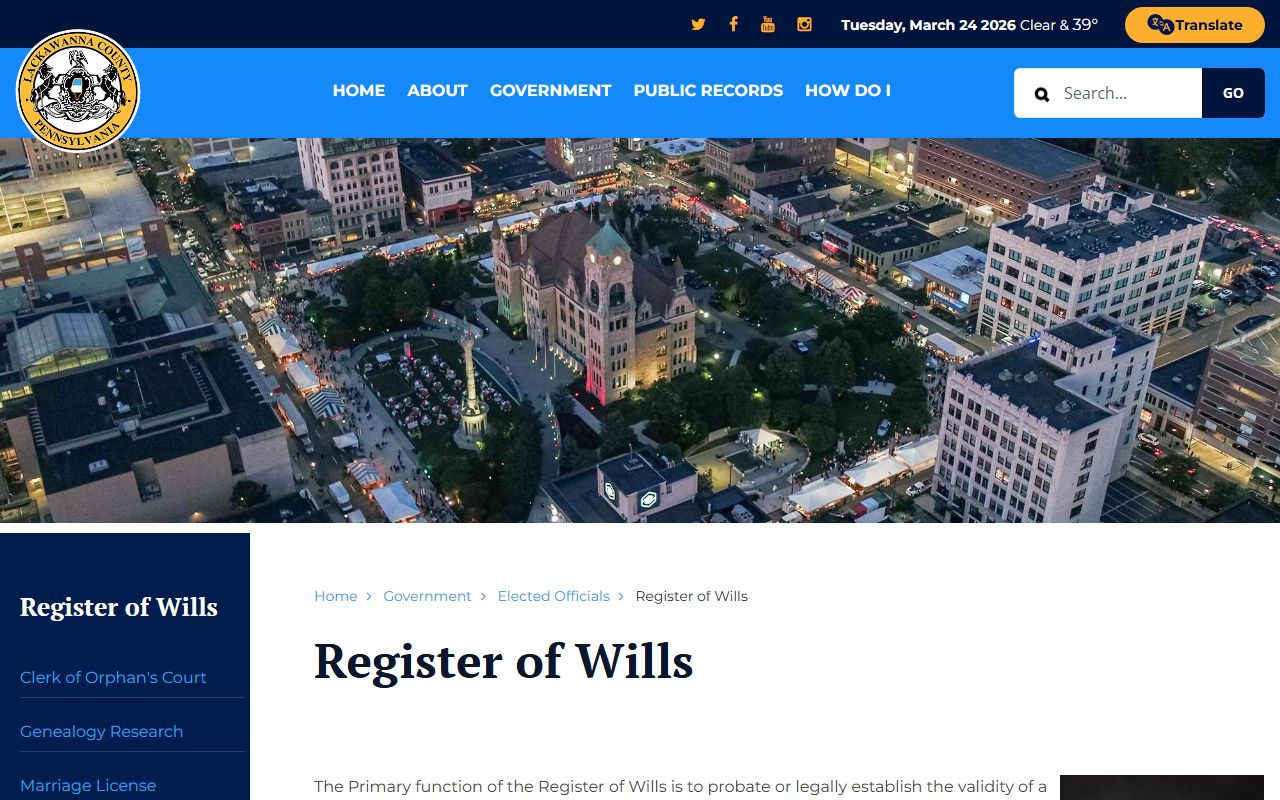 Lackawanna County Register of Wills in Scranton for marriage and divorce decree records