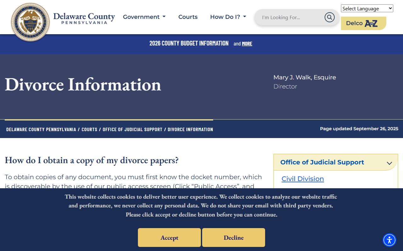 Delaware County Office of Judicial Support for Upper Darby divorce decree records