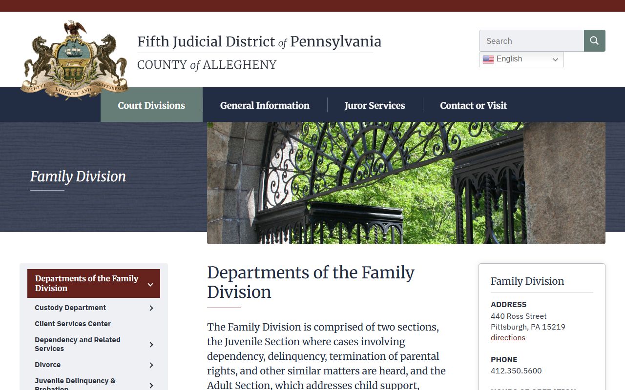 Allegheny County Family Division website for divorce decree proceedings in Pittsburgh Pennsylvania