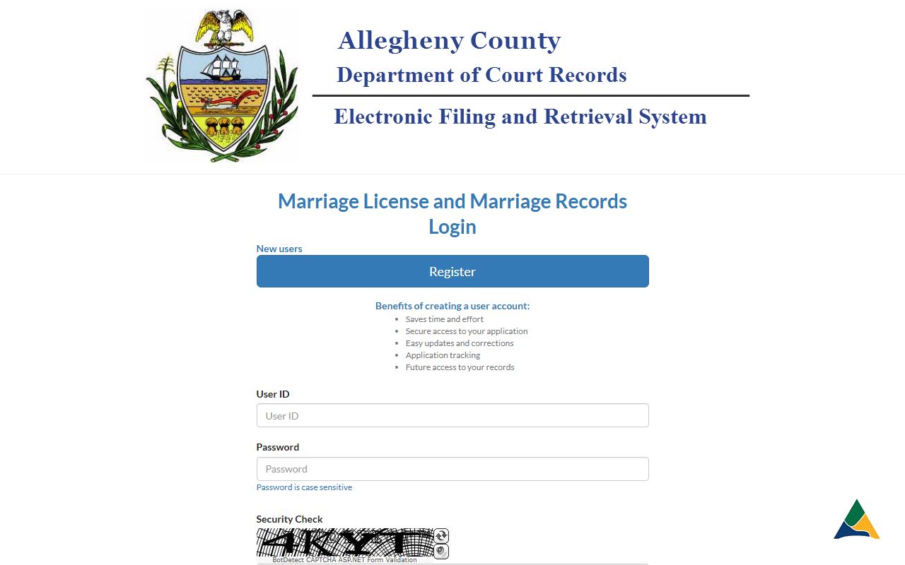 Allegheny County Marriage License Department website showing divorce decree requirements in Pittsburgh Pennsylvania