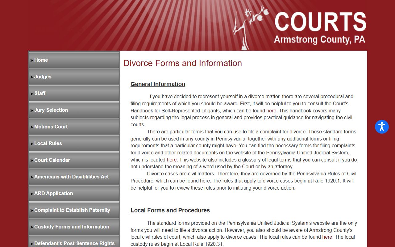 Armstrong County Courts website for divorce filing forms and decree information in Kittanning Pennsylvania