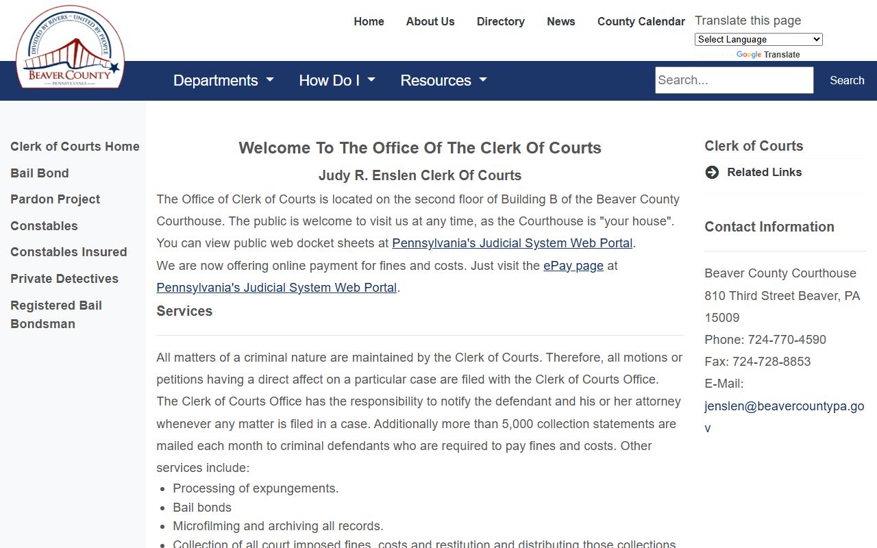 Beaver County Clerk of Courts website showing the division between criminal and civil court records in Beaver Pennsylvania
