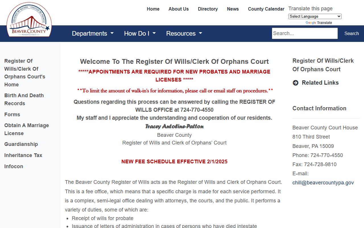 Beaver County Register of Wills website for marriage records related to divorce decree research in Beaver Pennsylvania