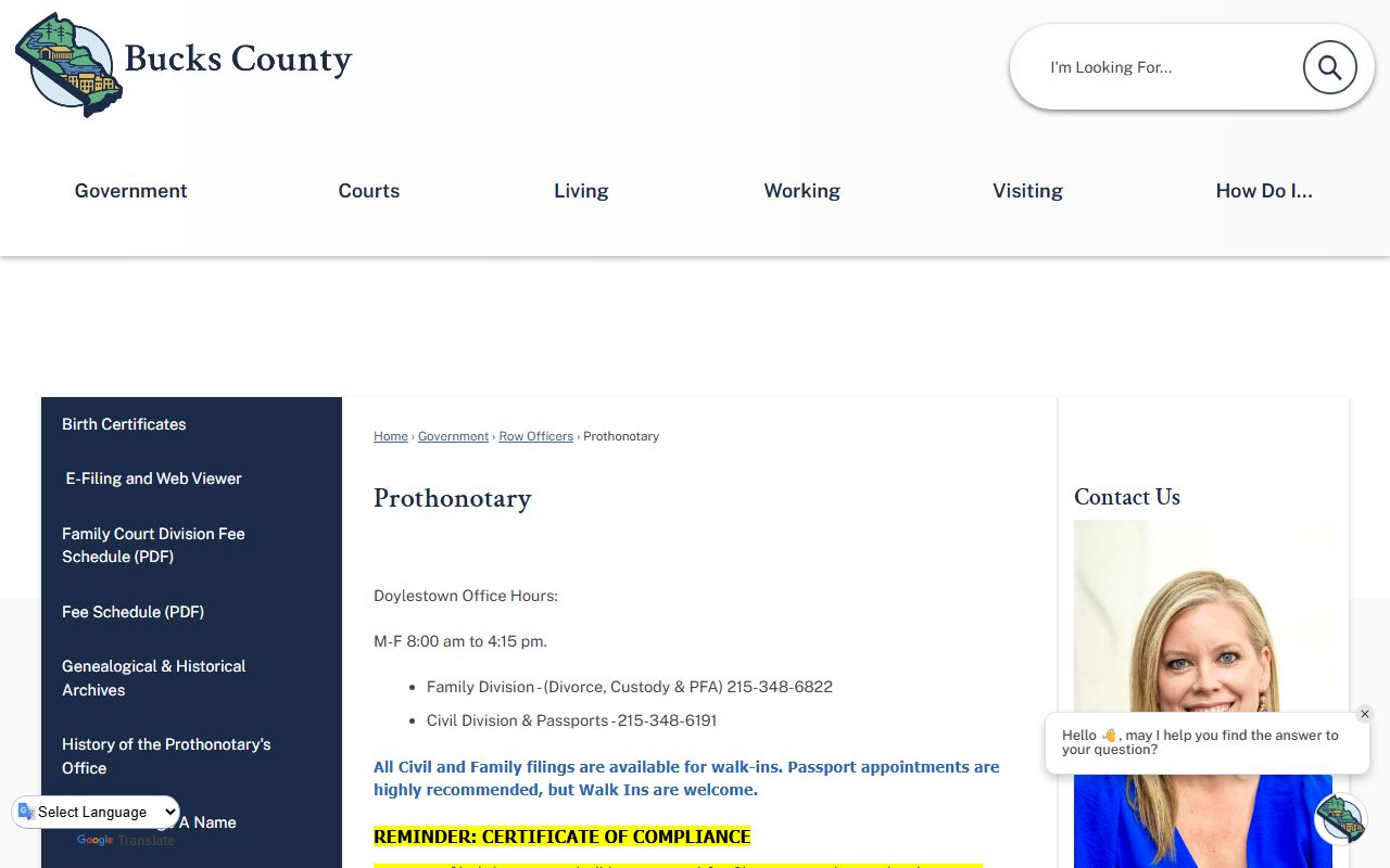 Bucks County Prothonotary office for divorce decree records in Doylestown Pennsylvania