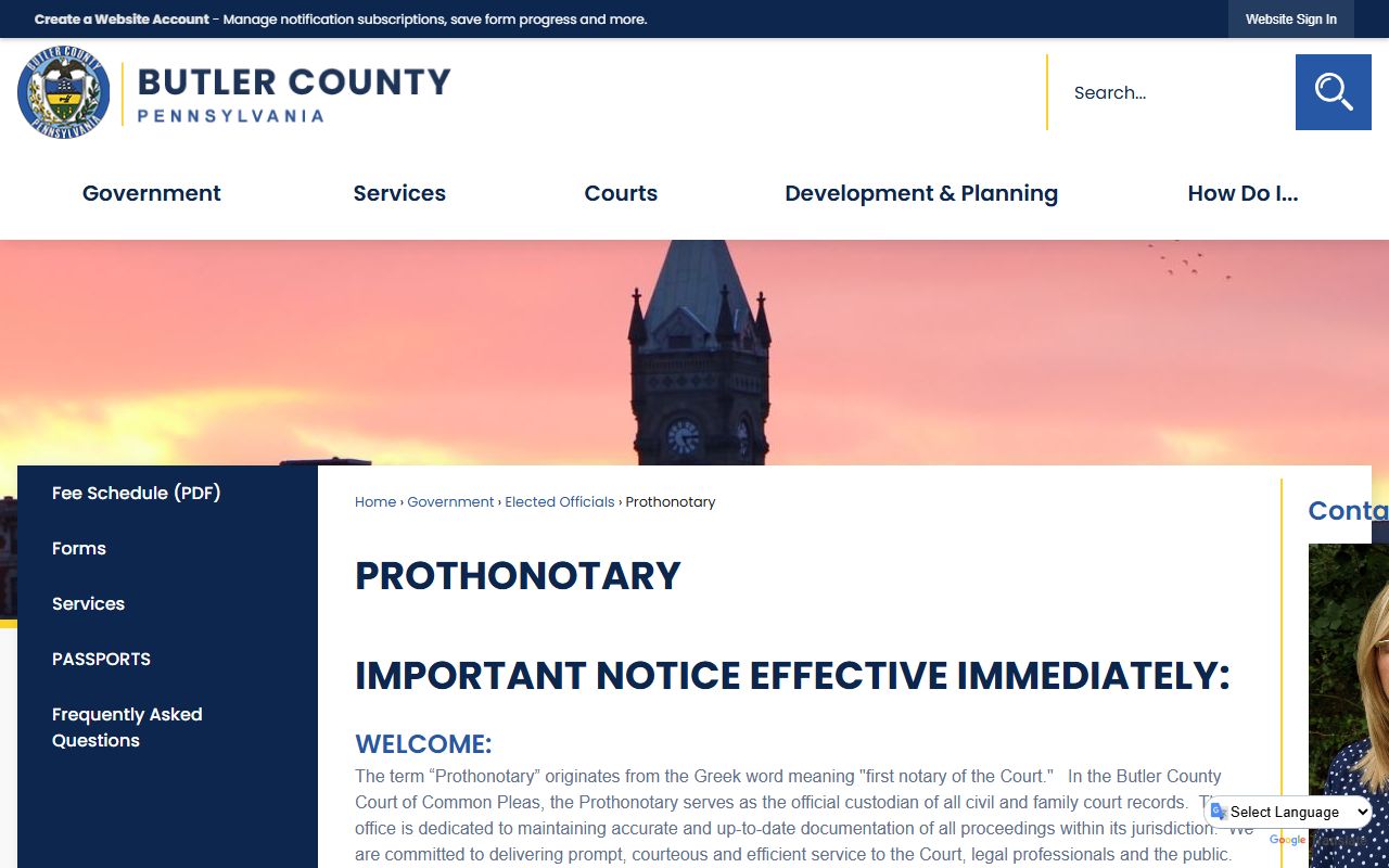 Butler County Prothonotary office website for divorce decree records in Butler Pennsylvania
