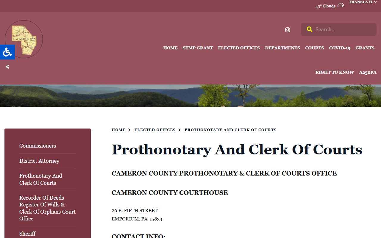 Cameron County Prothonotary and Clerk of Courts office for divorce decree records in Emporium Pennsylvania
