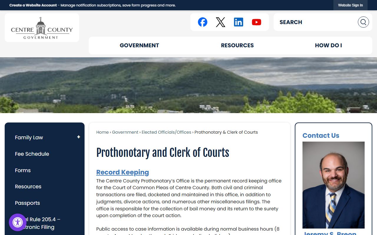 Centre County Prothonotary and Clerk of Courts website for divorce decree records in Bellefonte Pennsylvania