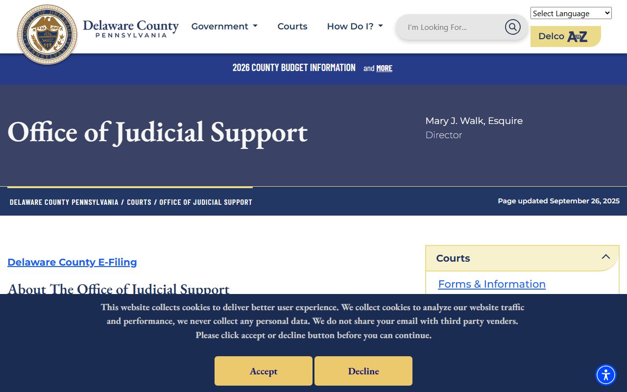 Delaware County Office of Judicial Support website for divorce decree records