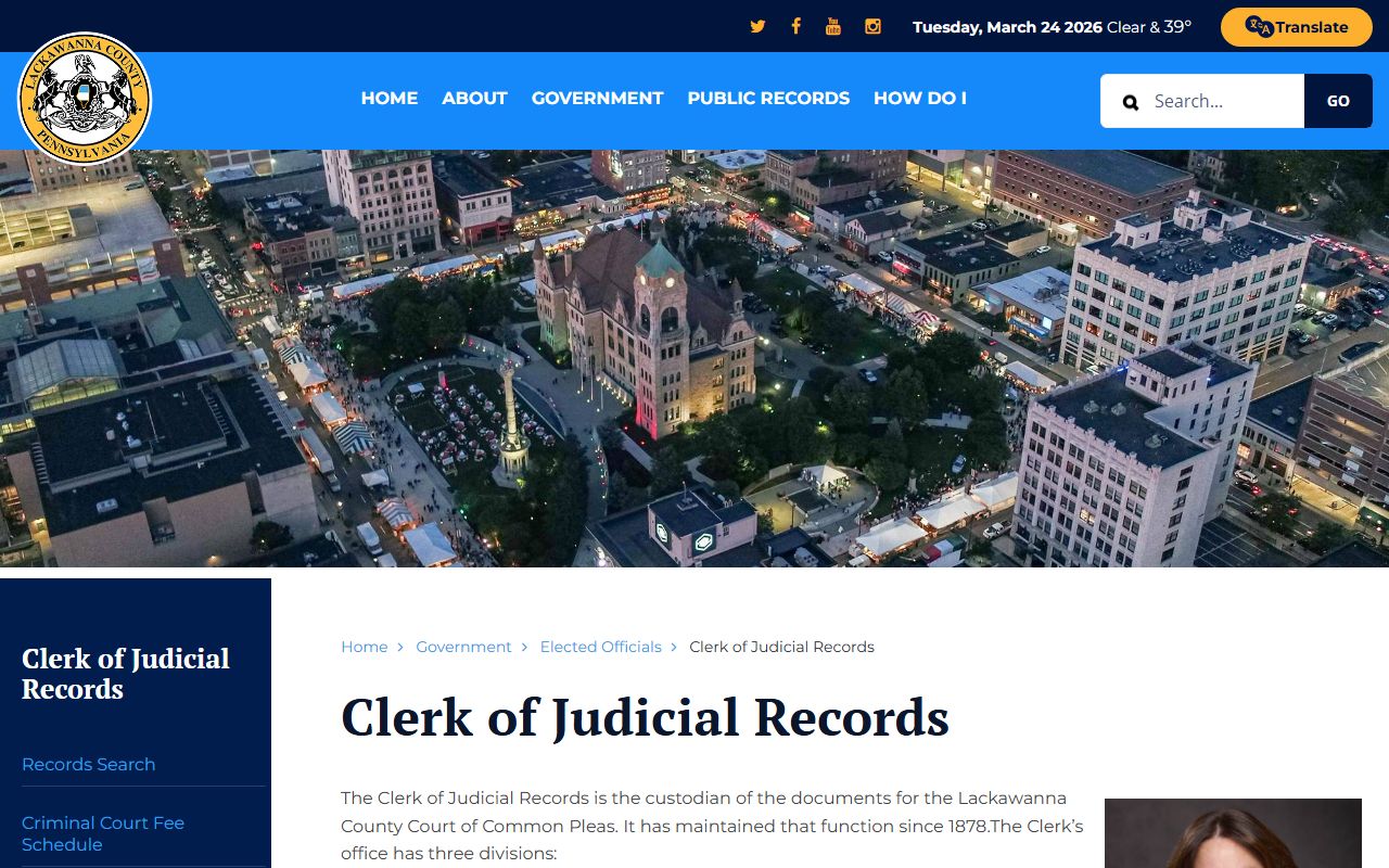 Lackawanna County Clerk of Judicial Records website for divorce decree records in Scranton Pennsylvania