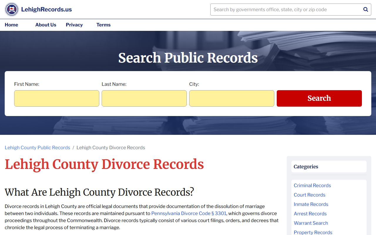 Lehigh County Prothonotary divorce records page in Allentown Pennsylvania