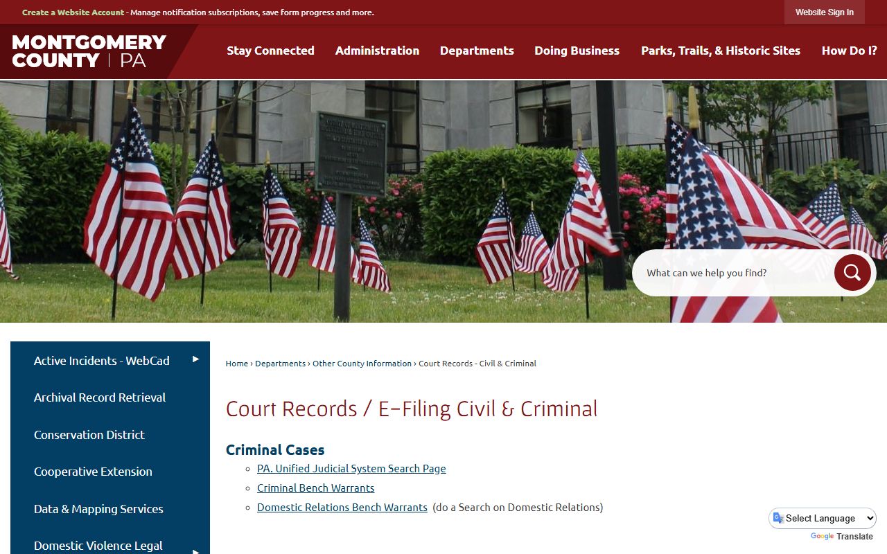 Montgomery County Court Records portal for civil and criminal case access including divorce decrees