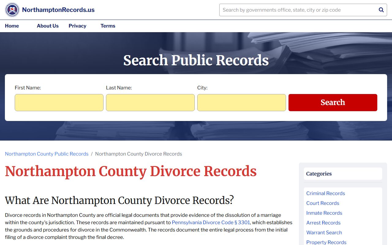 Northampton County Prothonotary website for divorce decree records in Easton Pennsylvania