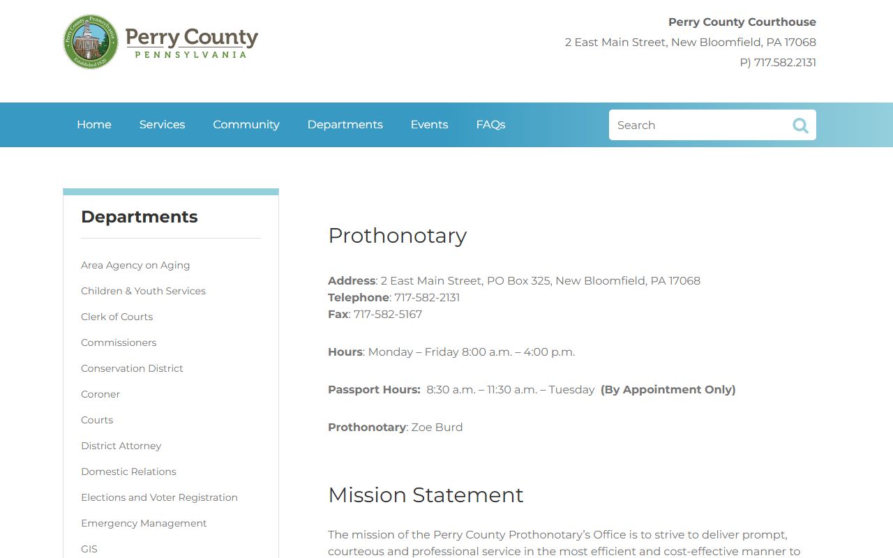 Perry County Prothonotary office for divorce decree records in New Bloomfield Pennsylvania