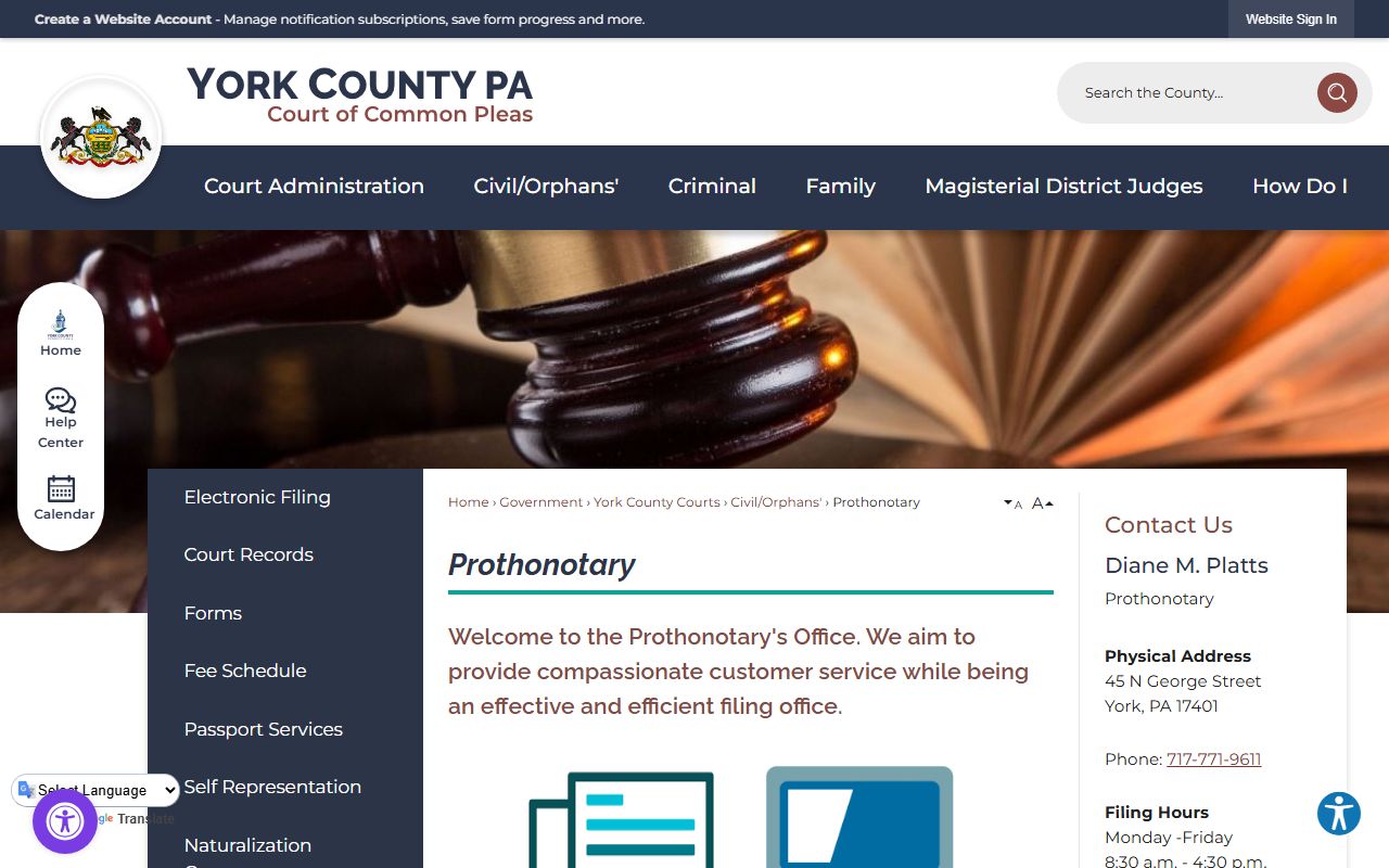York County Prothonotary website for divorce decree records in York Pennsylvania
