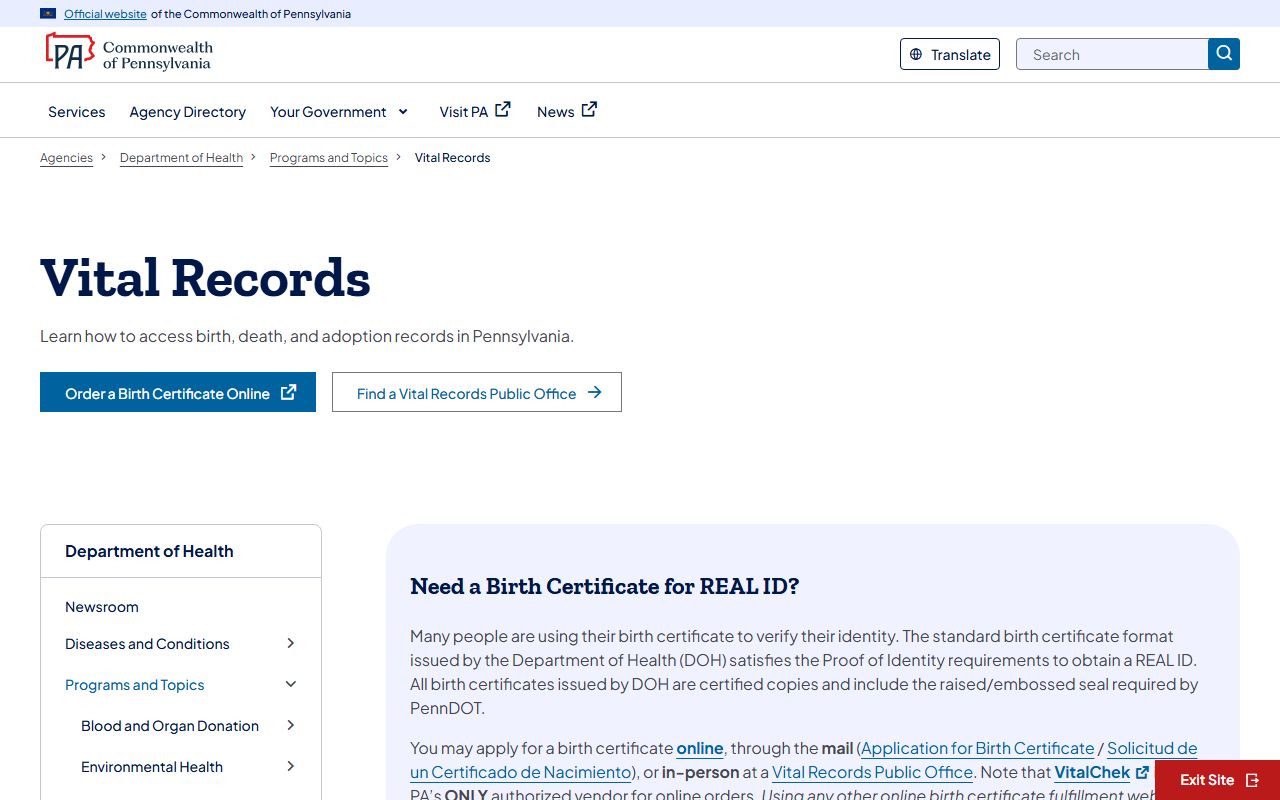 PA Department of Health Division of Vital Records divorce record ordering page