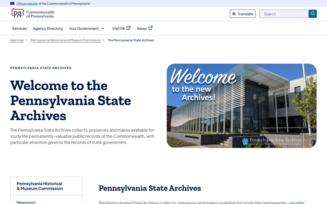 Pennsylvania State Archives website showing historical context for divorce decree records including Berks County filings