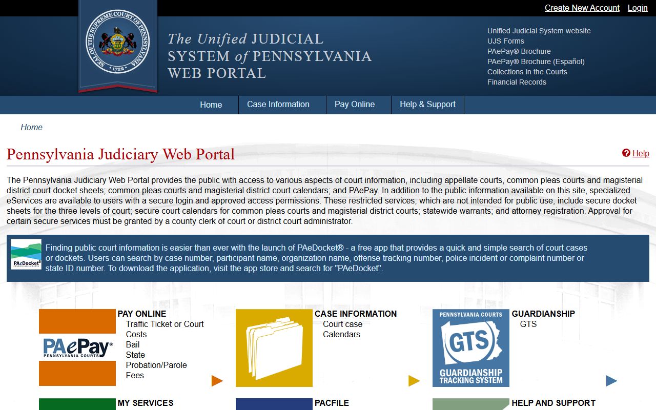 Pennsylvania UJS Portal for searching divorce records