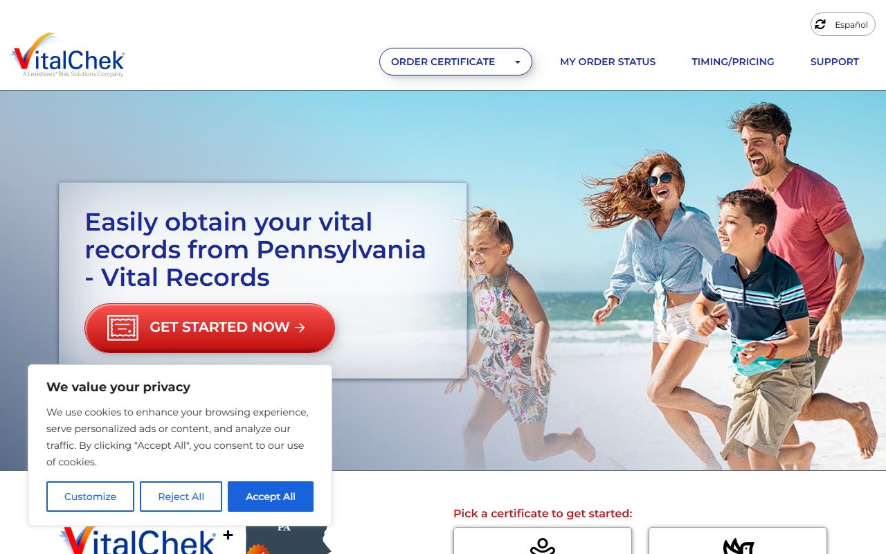 VitalChek Pennsylvania vital records ordering page showing divorce certificate options separate from Berks County divorce decrees